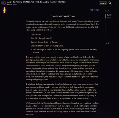 Last Epoch patch notes describing gamepad targeting